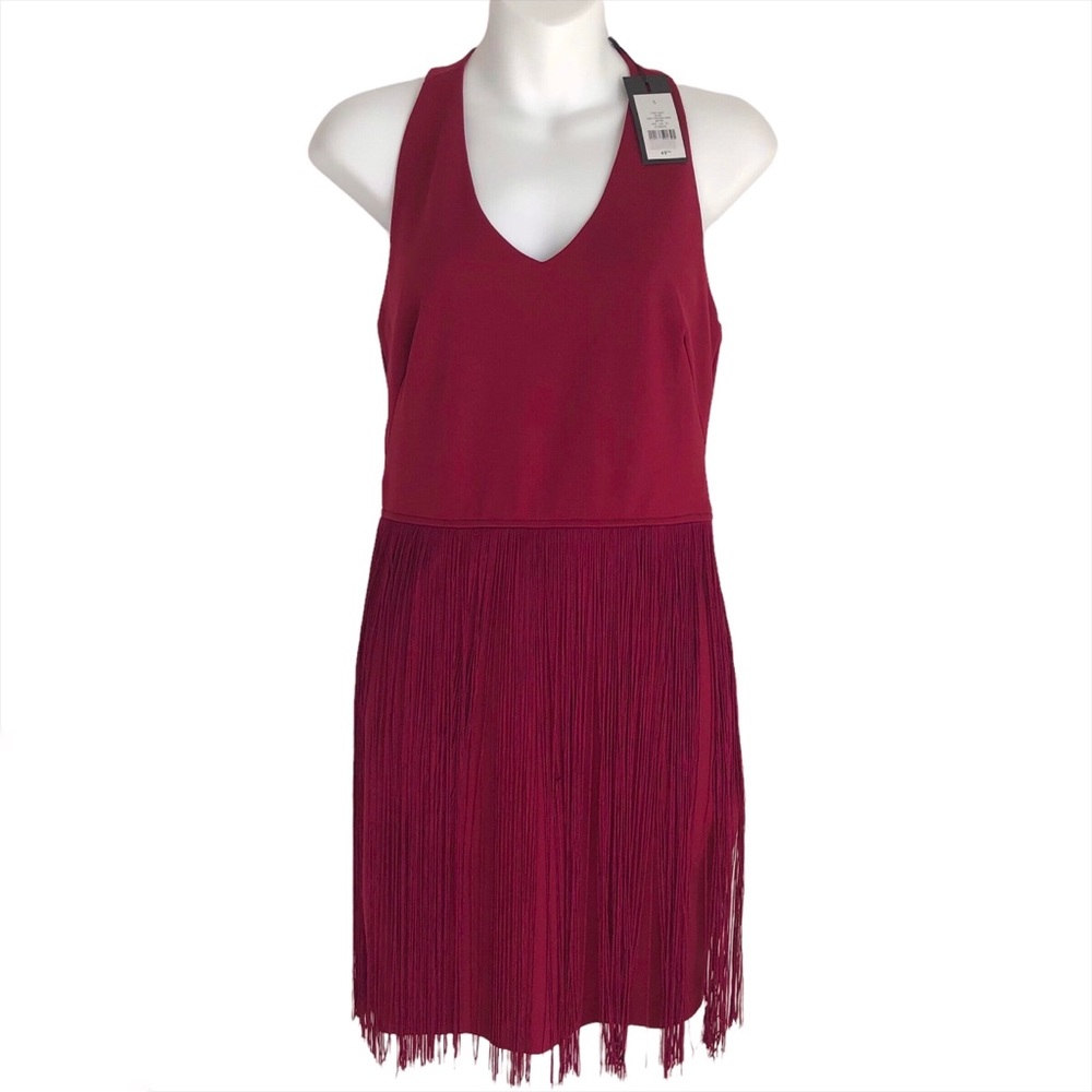 Dynamite Burgundy Fringe Halter Dress